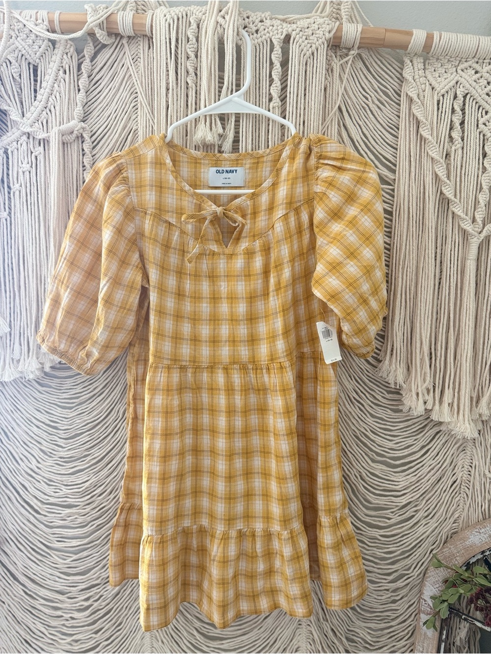 Old Navy Mustard Yellow Plaid Tie-Neck Puff Sleeve Dress